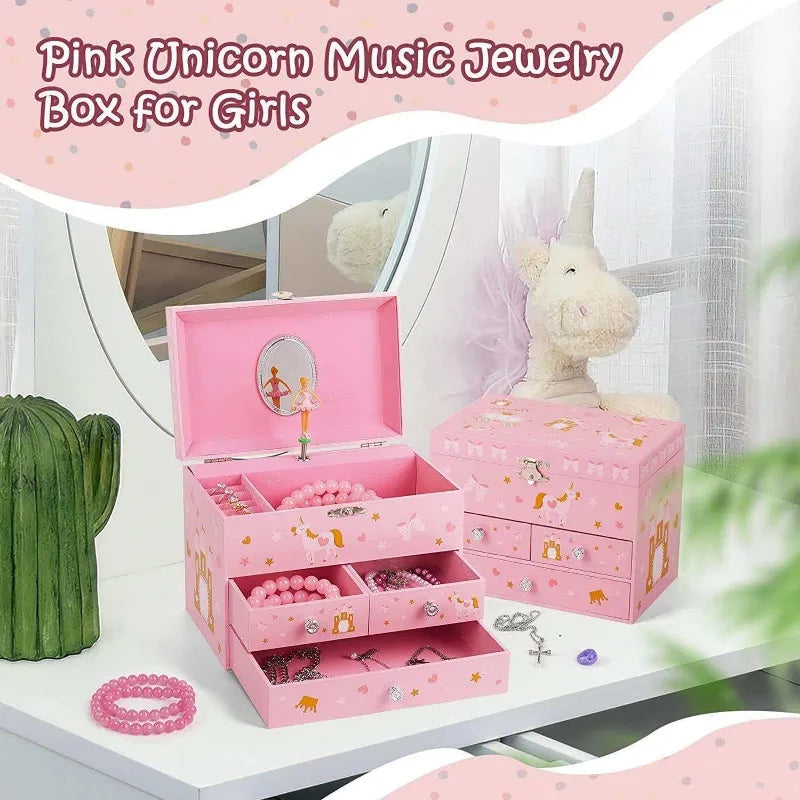 Enlarged Three Draw Unicorn Castle Princess Clockwork Style Music Box for Girls and Children's Jewelry Storage Music Box