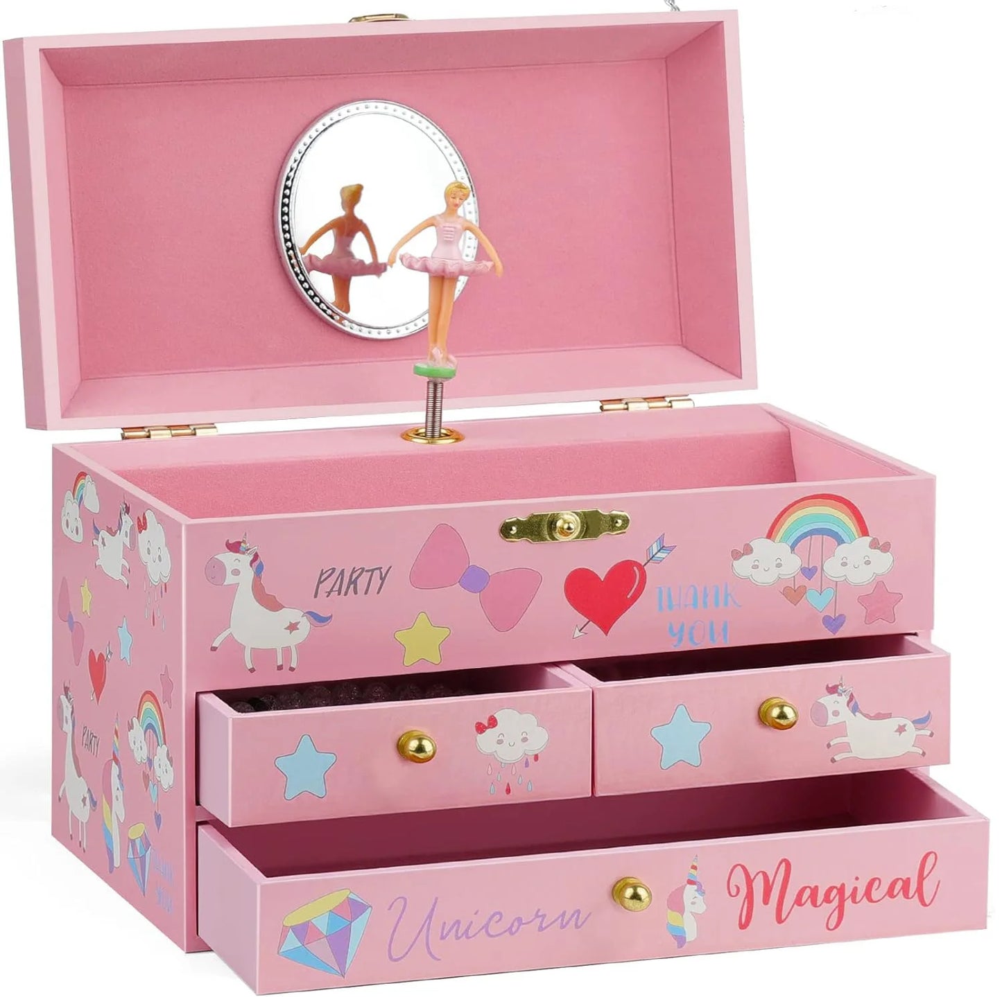 Enlarged Three Draw Unicorn Castle Princess Clockwork Style Music Box for Girls and Children's Jewelry Storage Music Box