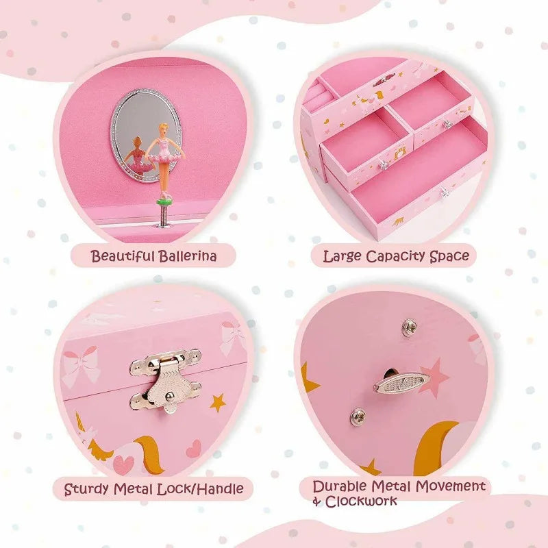 Enlarged Three Draw Unicorn Castle Princess Clockwork Style Music Box for Girls and Children's Jewelry Storage Music Box