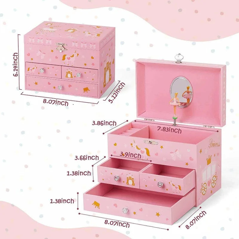 Enlarged Three Draw Unicorn Castle Princess Clockwork Style Music Box for Girls and Children's Jewelry Storage Music Box